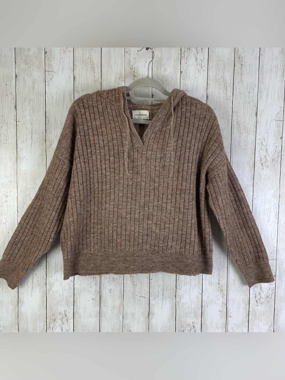 Lucky Brand Sweater Sz L Ribbed Hooded Pullover Wool Blend Brown